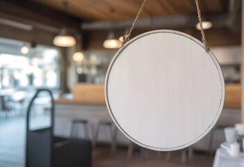 blank vintage wooden hanging from the ceiling in a cafe setting, with blurred background elements visible through the mirror