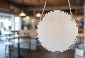 blank vintage wooden hanging from the ceiling in a cafe setting, with blurred background elements visible through the mirror