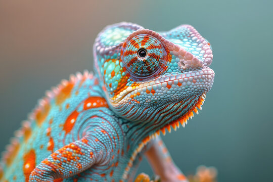 A closeup of the head and neck of an orange, blue, green and white chameleon with its eyes open, sitting on top of its tail in front of a dark grey background. Created with Ai