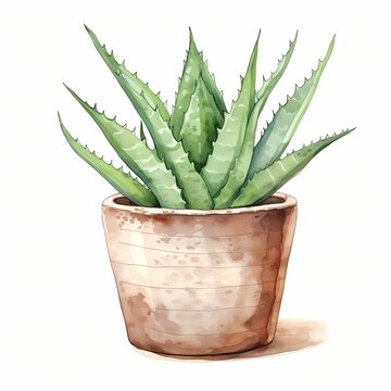 recommend clip art: Aloe vera. Aloe in pot. Aloe vera plant clipart. Watercolor illustration. Generative AI. Detailed illustration.