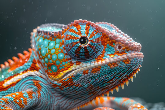 A closeup of the head and neck of an orange, blue, and green chameleon with its tongue extended in front of it. Created with Ai