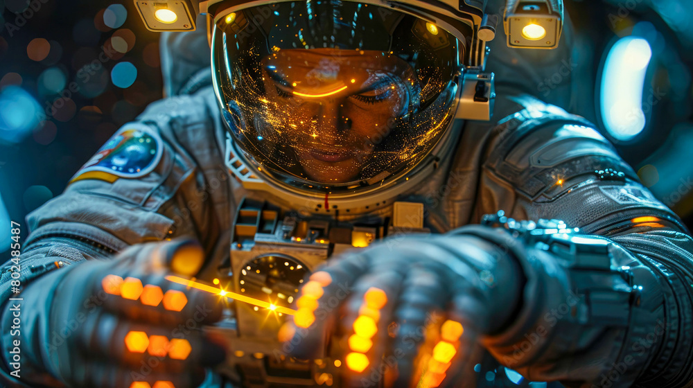 Poster astronaut in outer space spaceman do spacewalk while working for station