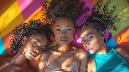 Trio of women with colorful eye makeup and clothing, lying on a geometric background