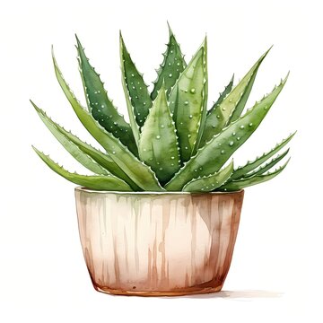 recommend clip art: Aloe vera. Aloe in pot. Aloe vera plant clipart. Watercolor illustration. Generative AI. Detailed illustration.