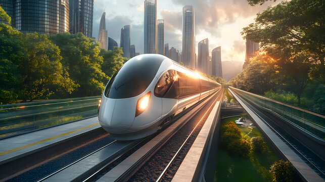 Modern high speed railways train gliding through a lush urban park at sunrise, futuristic cityscape in the background. Bullet train speeds along a scenic route in a bustling city during golden hour