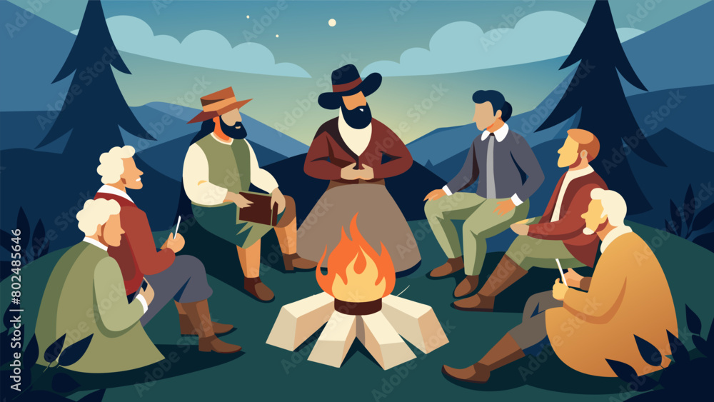 Poster in a rustic setting a group of reenactors portraying the founding fathers sit around a campfire exch