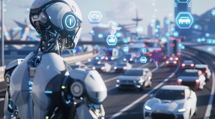 Wide angle of an AI robot gazing at a bustling street filled with cars, symbolizing the merge of technology and daily life