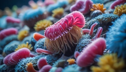 Colorful macro shot of a sea anemone with its tentacles extended, surrounded by other marine life