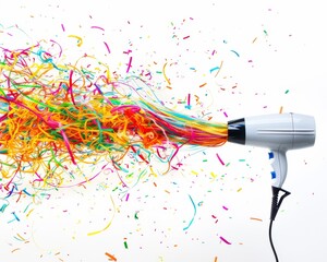 A dynamic image capturing a stream of vibrant streamers and confetti propelled by a hairdryer, symbolizing celebration and excitement