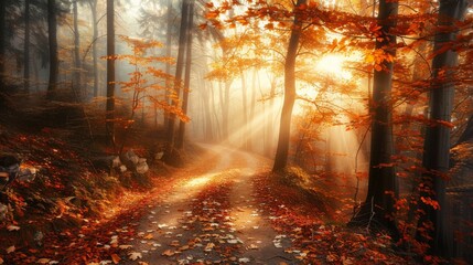 Obraz premium Footpath through natural forest of deciduous trees illuminated by sunbeams through fog. Maple and chestnut trees dominate the forest, their leaves are illuminated by sunlight. Square photo.