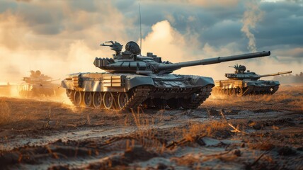 Obraz premium Modern tanks on a battlefield created with Generative AI