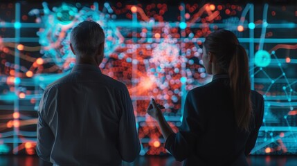 Obraz premium Back View of Two Diverse Colleagues Looking at a Big Screen with Neural Network 3D Visualisation. Professional Computer Data Scientists Discussing and Working on Monitoring Private Information