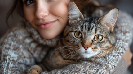 The woman holds her gray tabby kitten in his arms. This is a pet lifestyle concept depicting a woman at home with her fluffy cat.