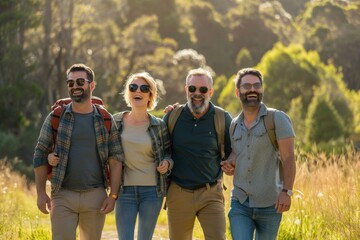 Group of friends hiking together in the countryside. They are having fun and smiling.