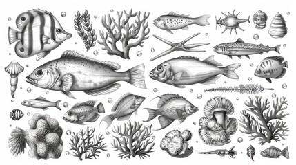 A set of sketches of sea animals, fish, corals, seaweed, modern illustration, black and white - obrazy, fototapety, plakaty