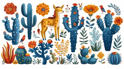 A large collection of colorful isolated elements - African wild animals, cacti, plants and birds, on a white background. Drawing on paper plus flat, modern illustration.