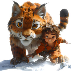 A brave 3D cartoon representation of a courageous lynx rescuing a wandering child.