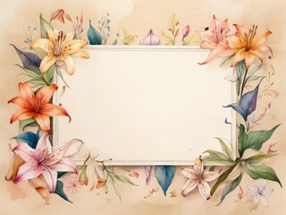 Frame of blooming lilies around a sheet of paper with space for text