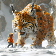 A bold 3D cartoon depiction of a fearless lynx saving a stranded kid.