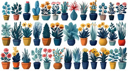 Set of home plants or flowers in pots, home garden or greenhouse, collection of isolated elements on white. Scandinavian flat style. Modern illustration.