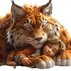 A heroic 3D cartoon illustration of a lynx protecting a lost kid.