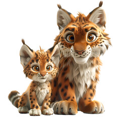 A heartwarming 3D cartoon render of a kind-hearted lynx aiding a stranded child.