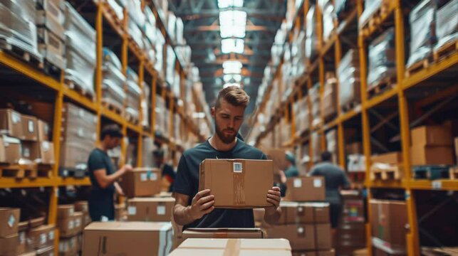 A young male worker in a warehouse inspects a package with focus, surrounded by high shelves stocked with goods, reflecting the dynamic workflow.