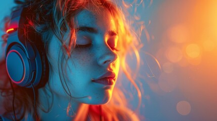 Women listening to music with headphones on and closed eyes. Double exposure of the female face and light flare isolated on a white background. Digital art. Blue neon light. Free space for writing.