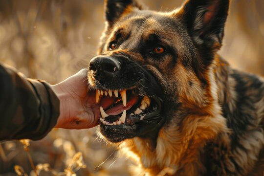 Aggressive dog bites, german shepherd attacks a man and bites his hand, training pets, rabid animals