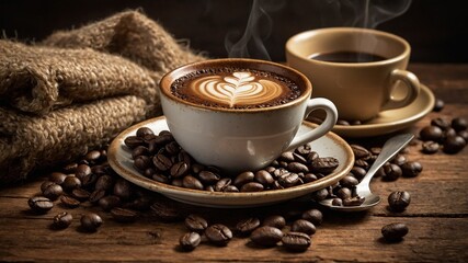 White cup filled with steaming coffee, adorned with latte art, sits on saucer with scattered coffee beans. Similar cup filled with black coffee rests behind it, with rustic burlap sack.