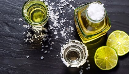 macro photo glasses and bottle of tequila with sliced lime and sprinkled sea salt on black