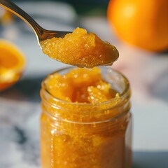 Orange marmalade. Spoon scooping homemade orange jam from a glass jar surrounded by fresh oranges.