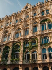 Fototapeta premium Sunlight bathes ornate facade of european building, highlighting its intricate details, casting long shadows. Vines crawl up walls, adding touch of nature to scene, while arched windows.