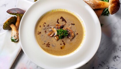 macro photo of mushroom soup in a plate on a white marble serving table
