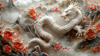A Chinese dragon made of jade, entwined with peach blossoms and white camellias, in an ethereal style. Created with Ai