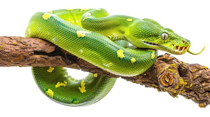 Green Tree Python on White Background - Dangerous Cold-blooded Creature in Colourful Attack