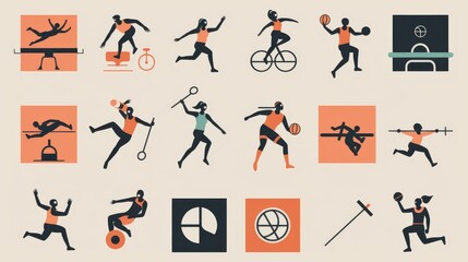 A collection of sports icons are shown in various poses