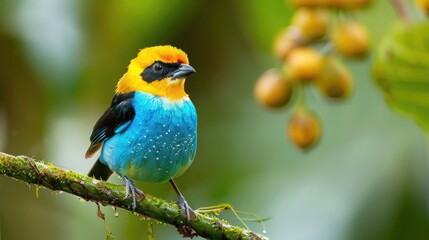 Obraz premium Golden-Hooded Tanager Sitting on Green Branch. Exotic Tropical Blue Bird with Yellow Gold Head