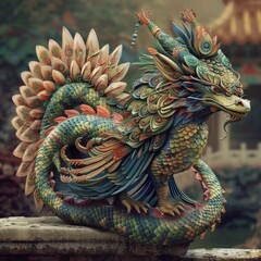Fototapeta premium Flamboyant Feathered Serpent Statue in Stylistic Artistic Portrait - Design Inspiration from