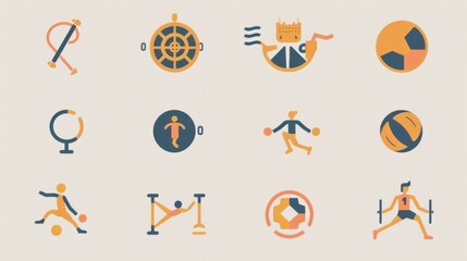 A set of sports icons, including a soccer ball, a basketball