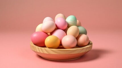 photo of colorful eggs on a wooden plate, with a pink background.AI generated image