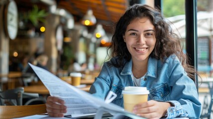 Portrait of beautiful young woman sitting in outdoor cafe with cup of coffee, reading through documents, student doing her homework on fresh air, smiling at camera.