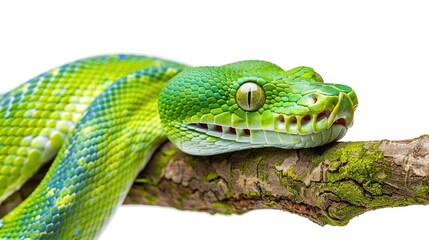 Green Tree Python - Colorful Cold-blooded Creature Isolated on White Background