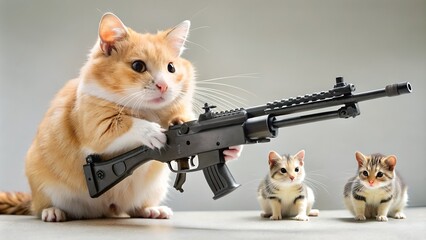small beige cat machine gunner attacks hamsters - obrazy, fototapety, plakaty