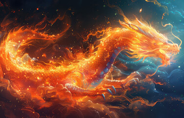 A red and blue Chinese dragon, game illustration style, closeup of head, fantasy background. Created with Ai
