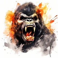 Angry gorilla. King gorilla clipart. Watercolor illustration. Generative AI. Detailed illustration.
