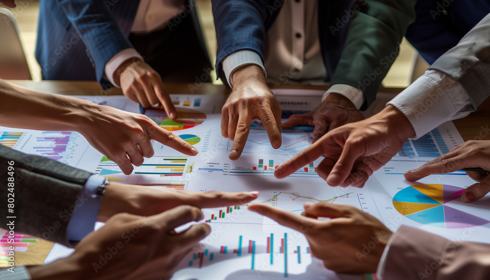 Poster capturing a close-up on the hands of the diverse team, each pointing at figures and graphs on a shar