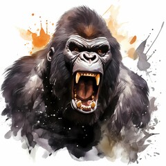 Angry gorilla. King gorilla clipart. Watercolor illustration. Generative AI. Detailed illustration.