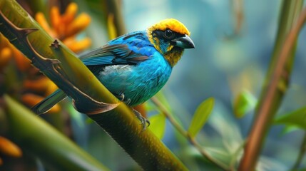 Fototapeta premium Golden-Hooded Tanager: Exotic Tropical Bird with Yellow and Gold Plumage, Perched on Green Branch