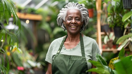 A happy black older bold lady walks through backyard garden wearing green apron. Joyful expression of a senior Brazilian African woman worker walking in outdoor plant store